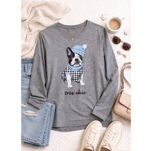 French Bulldog Très Chic Graphic Tee Large Gray Long Sleeve Top Cute Dog Lover